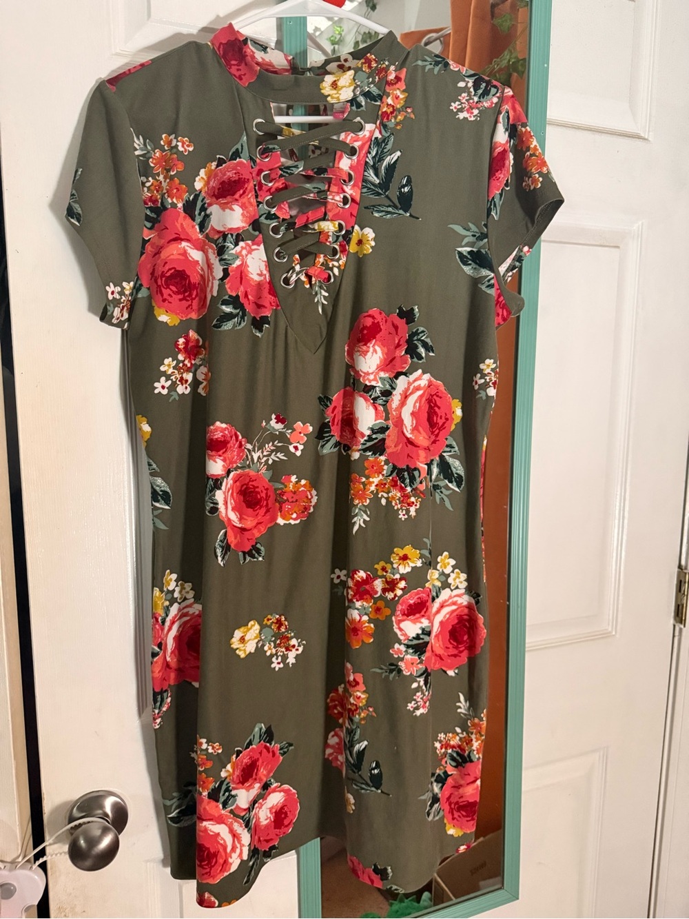 No Boundaries Olive Floral Lace-Up Midi Dress with Red & Pink Blooms